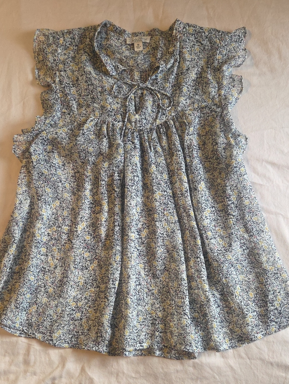 Lucky Brand Black and Cream Floral Tie-Neck Blouse